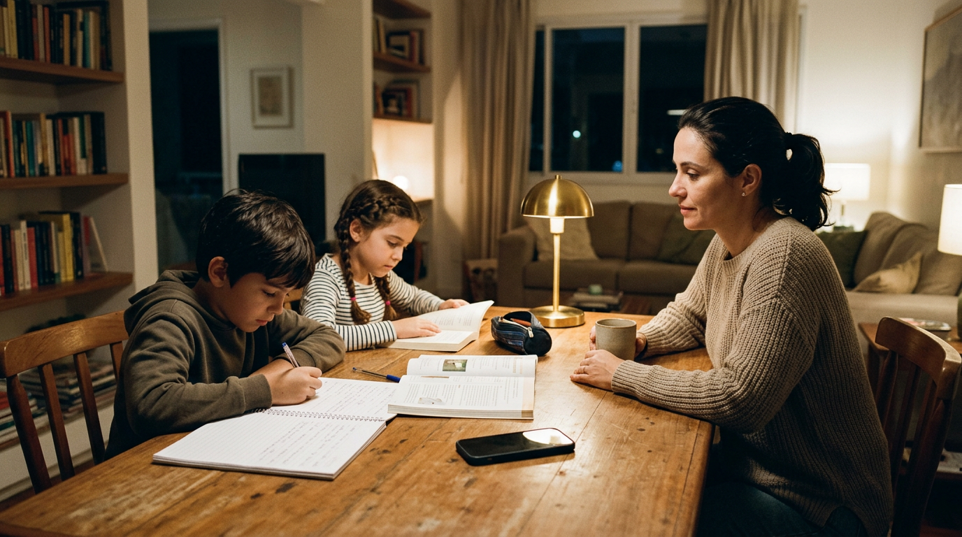 Uma cena realista de estudo em família no período da noite, com um responsável o...