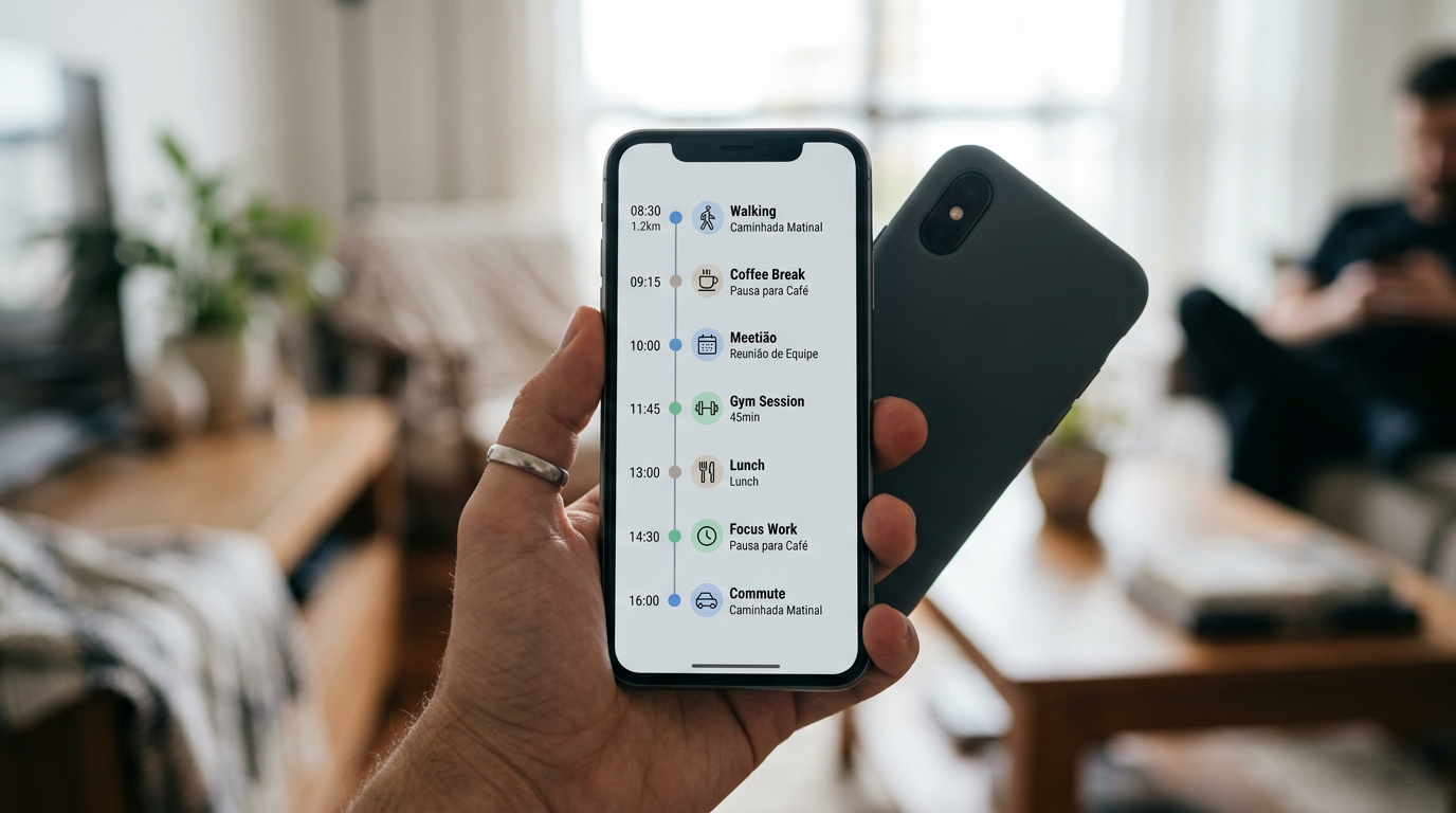 Um close realista de uma mão segurando um smartphone exibindo uma interface gené...