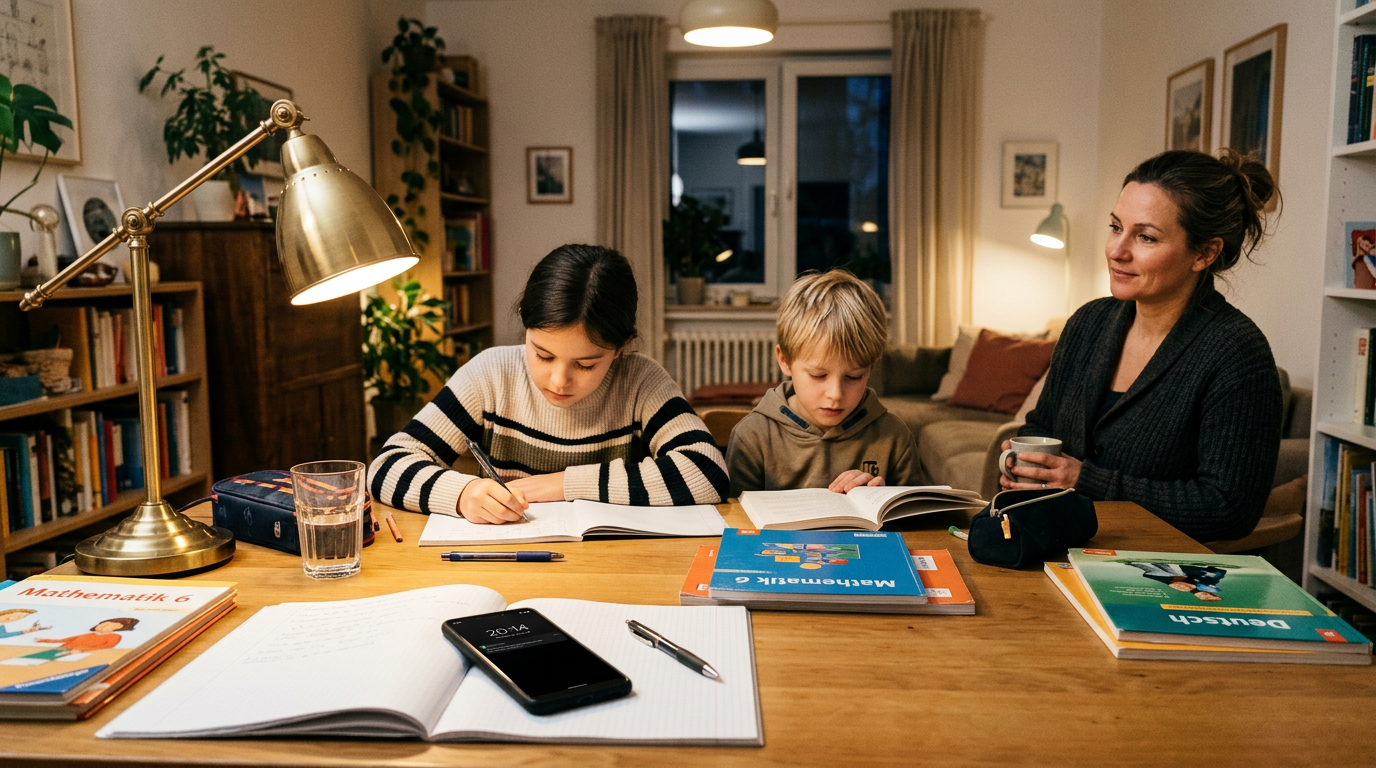 Eine realistische Familienszene am Abend während der Lernzeit, bei der ein Elter...