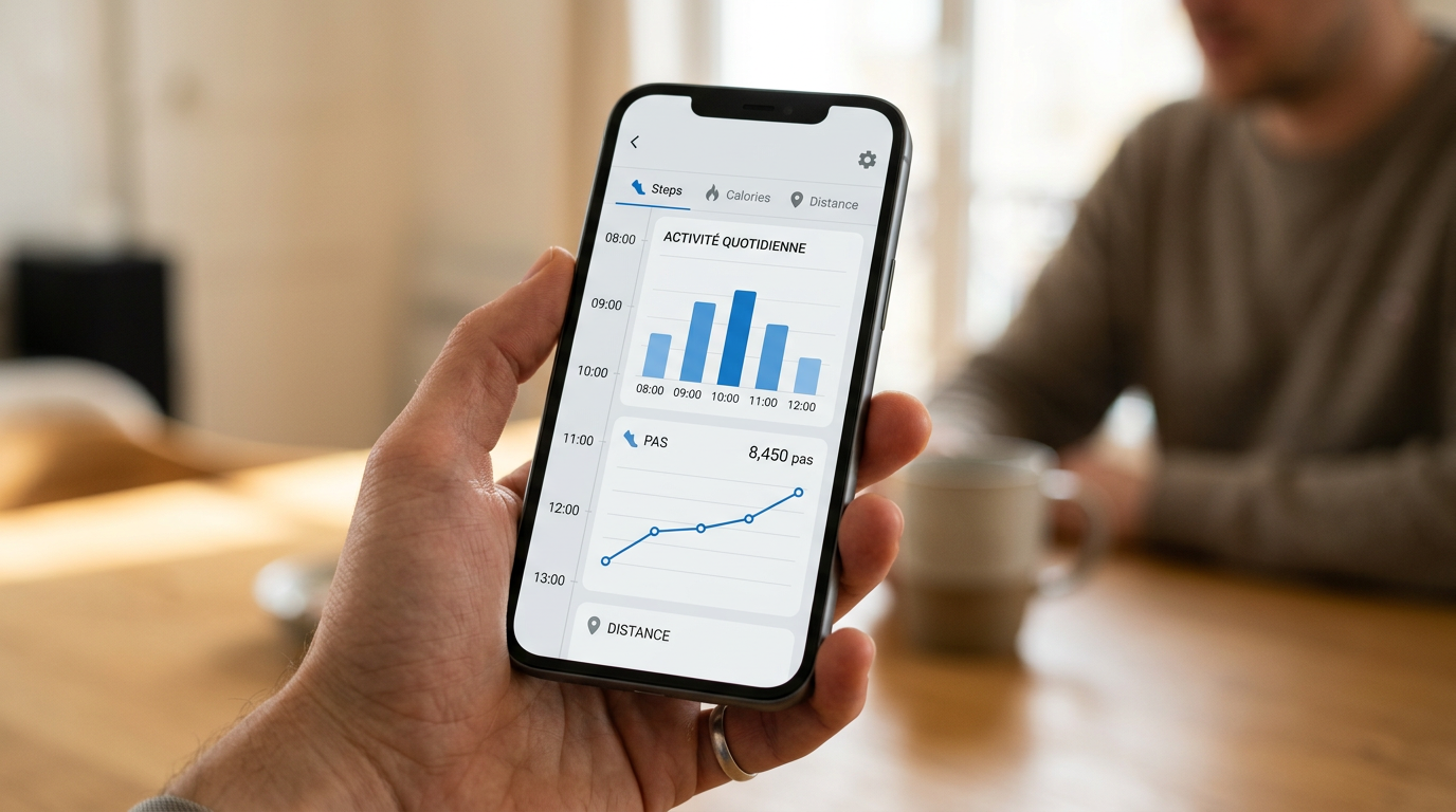 Un gros plan réaliste d’une main tenant un smartphone affichant une interface gé...