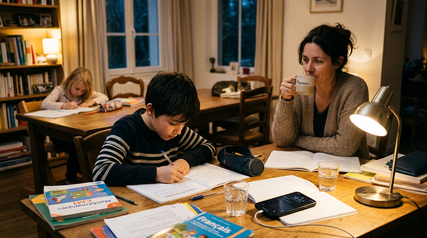 Une scène réaliste de devoirs en famille en soirée, dans un cadre domestique fra...