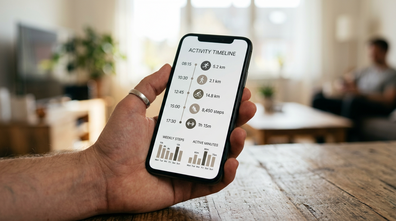 Realistyczne zbliżenie dłoni trzymającej smartfon z ogólnym interfejsem osi czas...