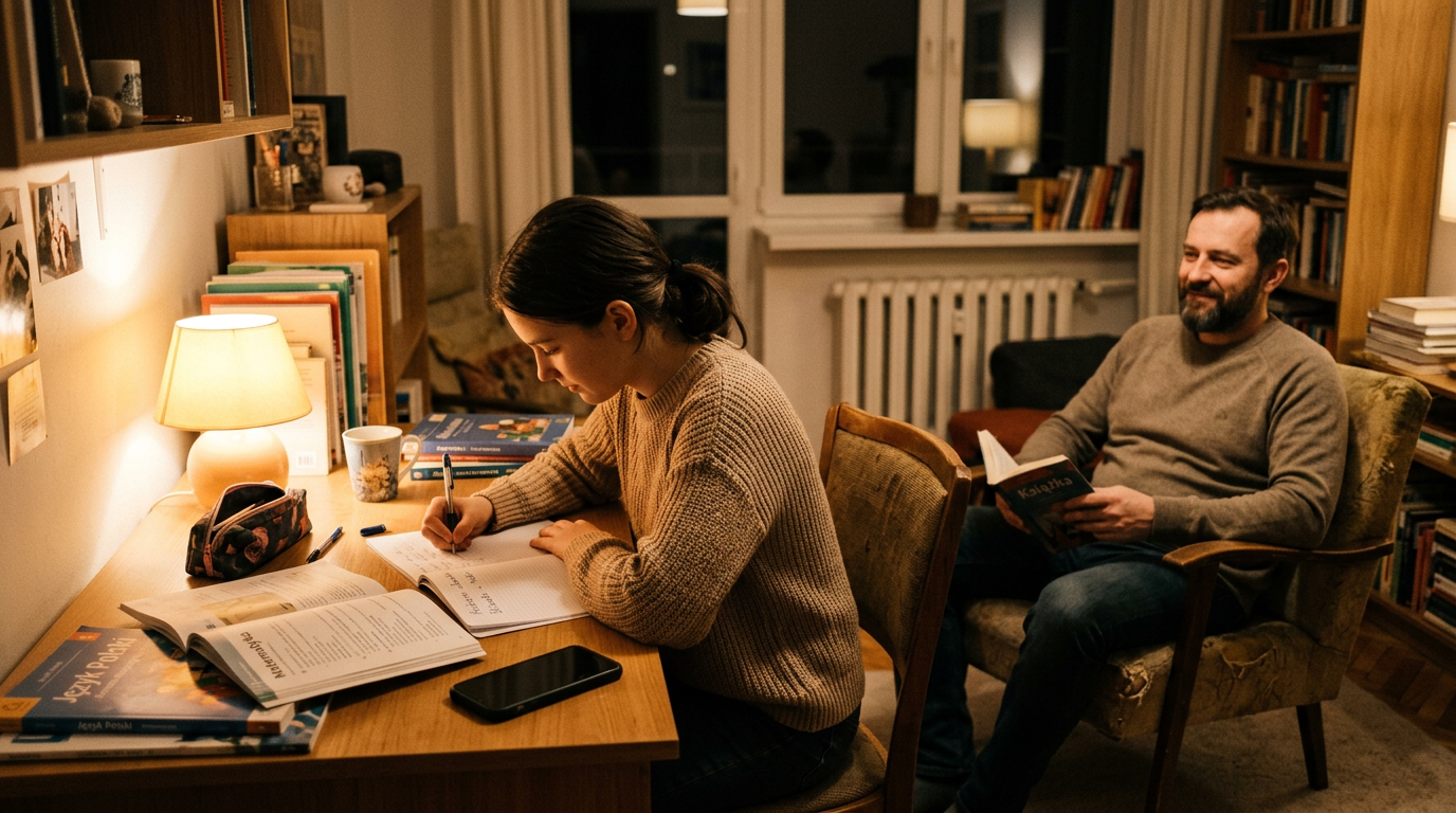 Realistyczna wieczorna scena rodzinnej nauki w polskim domu: rodzic obserwuje sp...