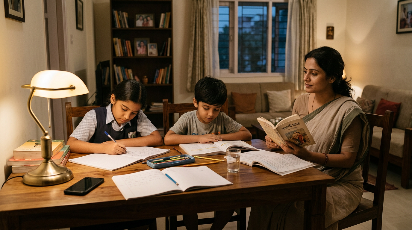 शाम के अध्ययन समय का यथार्थवादी पारिवारिक दृश्य, जिसमें एक अभिभावक शांत घरेलू दि...