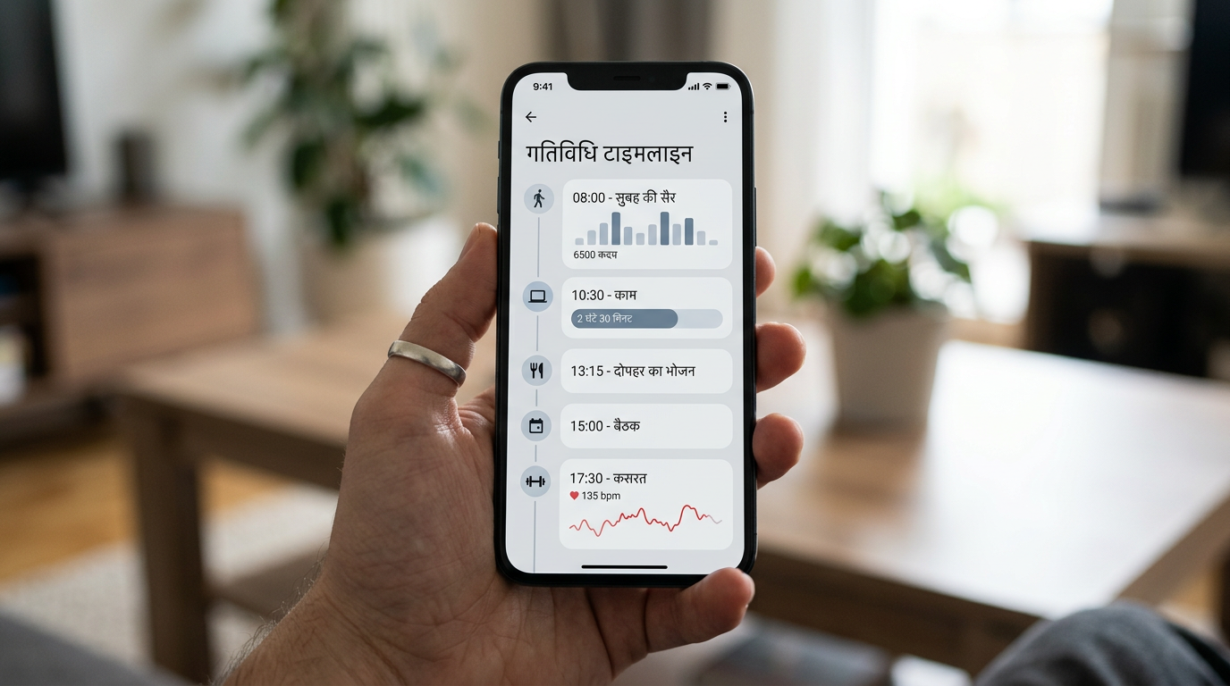 स्मार्टफोन पकड़े हुए हाथ का यथार्थवादी क्लोज़-अप, जिसमें सामान्य गतिविधि टाइमलाइ...