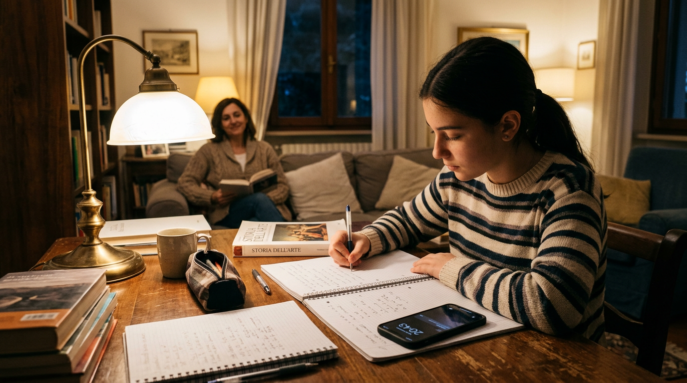 Scena realistica serale di studio in famiglia con un genitore che osserva una ro...