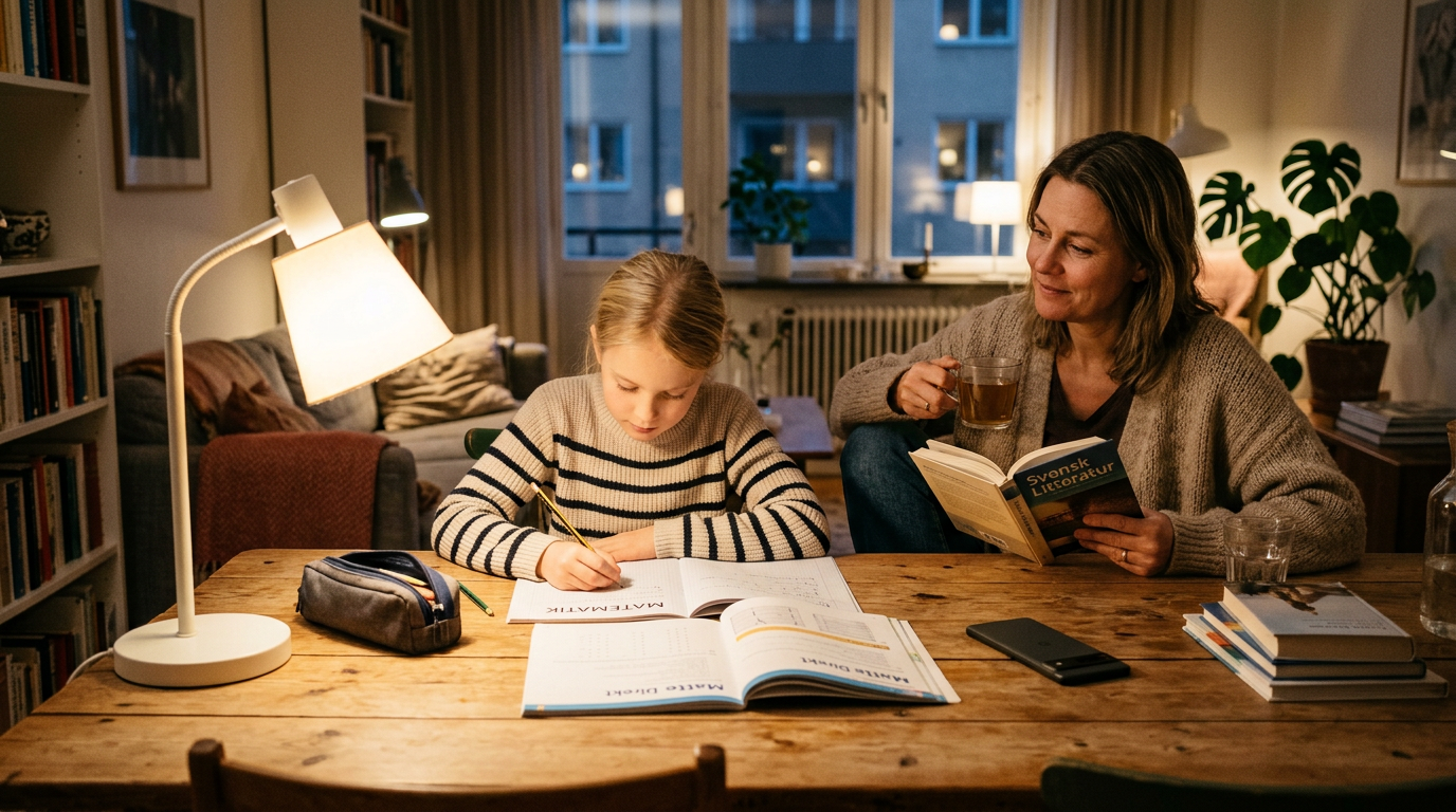 En realistisk kvällsscen med familjens läxläsning i ett svenskt hem där en föräl...