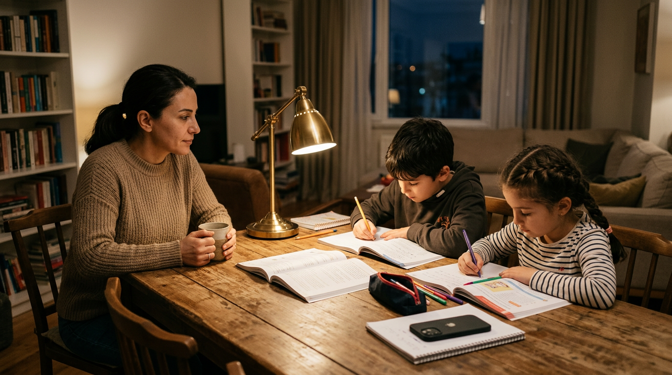 Akşam saatlerinde gerçekçi bir aile ders çalışma sahnesi; bir ebeveyn sakin ev d...