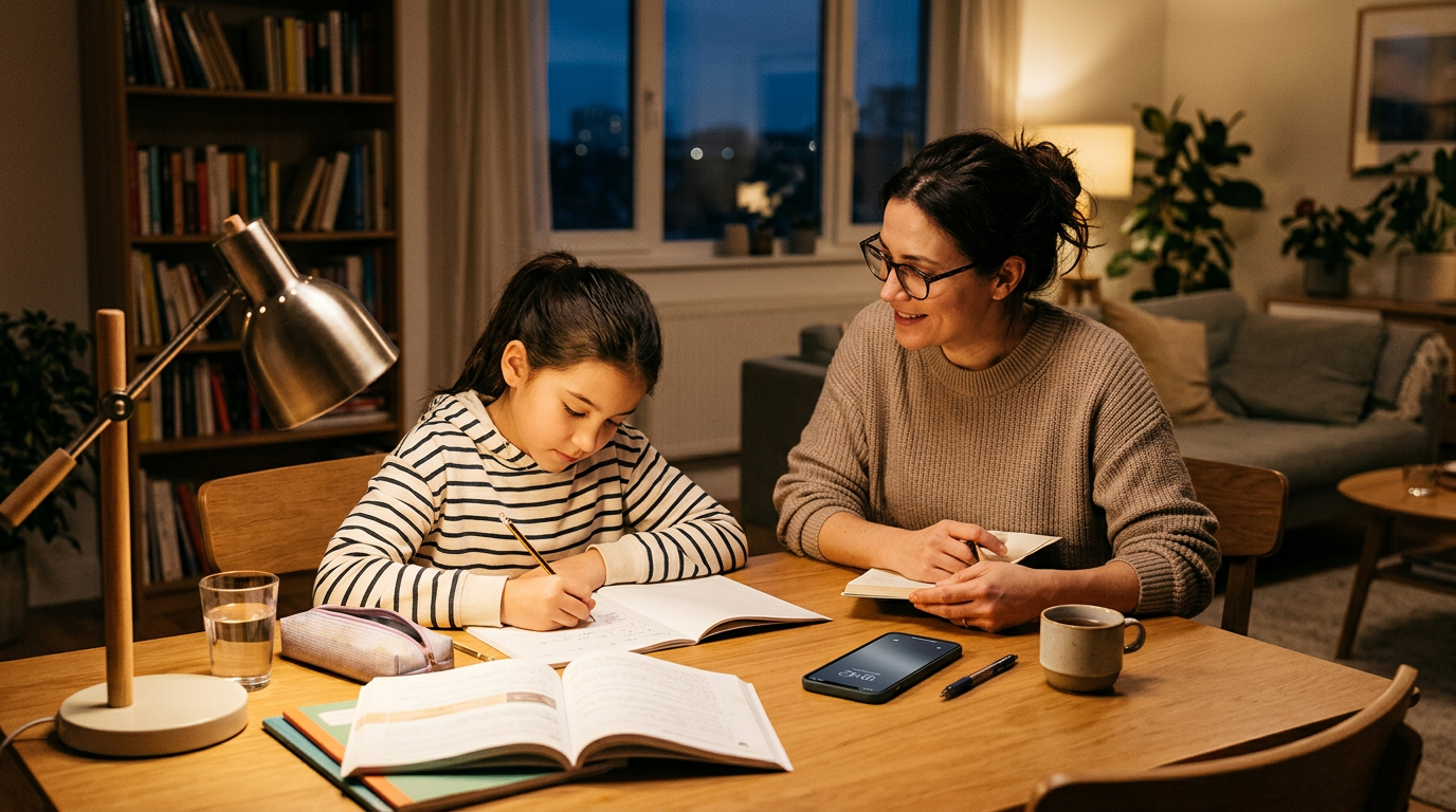Реалистичная вечерняя семейная сцена во время учебы: родитель наблюдает за споко...