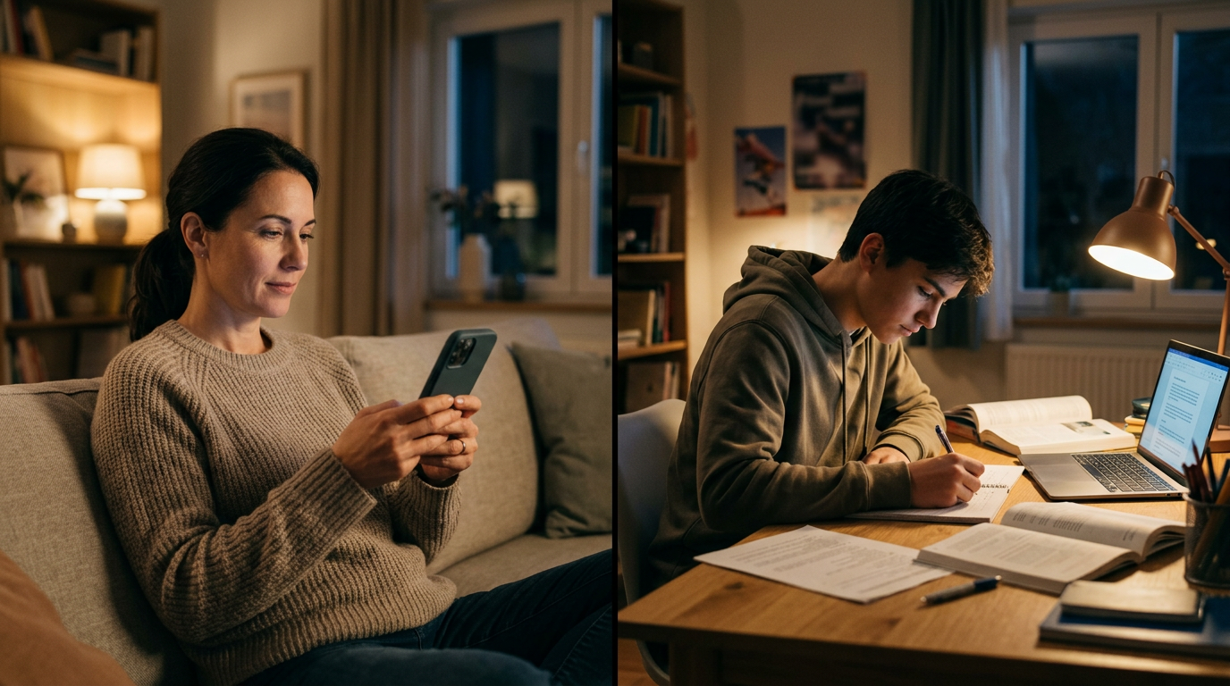 एक यथार्थवादी विभाजित दृश्य जिसमें एक ओर अभिभावक स्मार्टफ़ोन पर साप्ताहिक ऑनलाइन एक्टिविटी पैटर्न देख रहा है और दूसरी ओर किशोर शाम में पढ़ाई कर रहा है