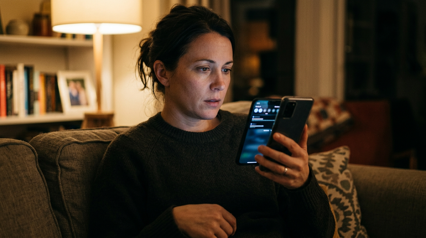 रात में लिविंग रूम में बैठे एक अभिभावक के हाथ में स्मार्टफ़ोन है और वह स्टेटस अलर्ट नोटिस कर रहा है