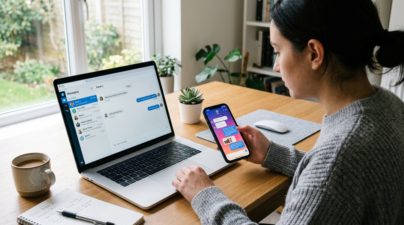 Et realistisk hjemmekontor-skrivebord med en bærbar computer åben på en generisk webgrænseflade til beskeder