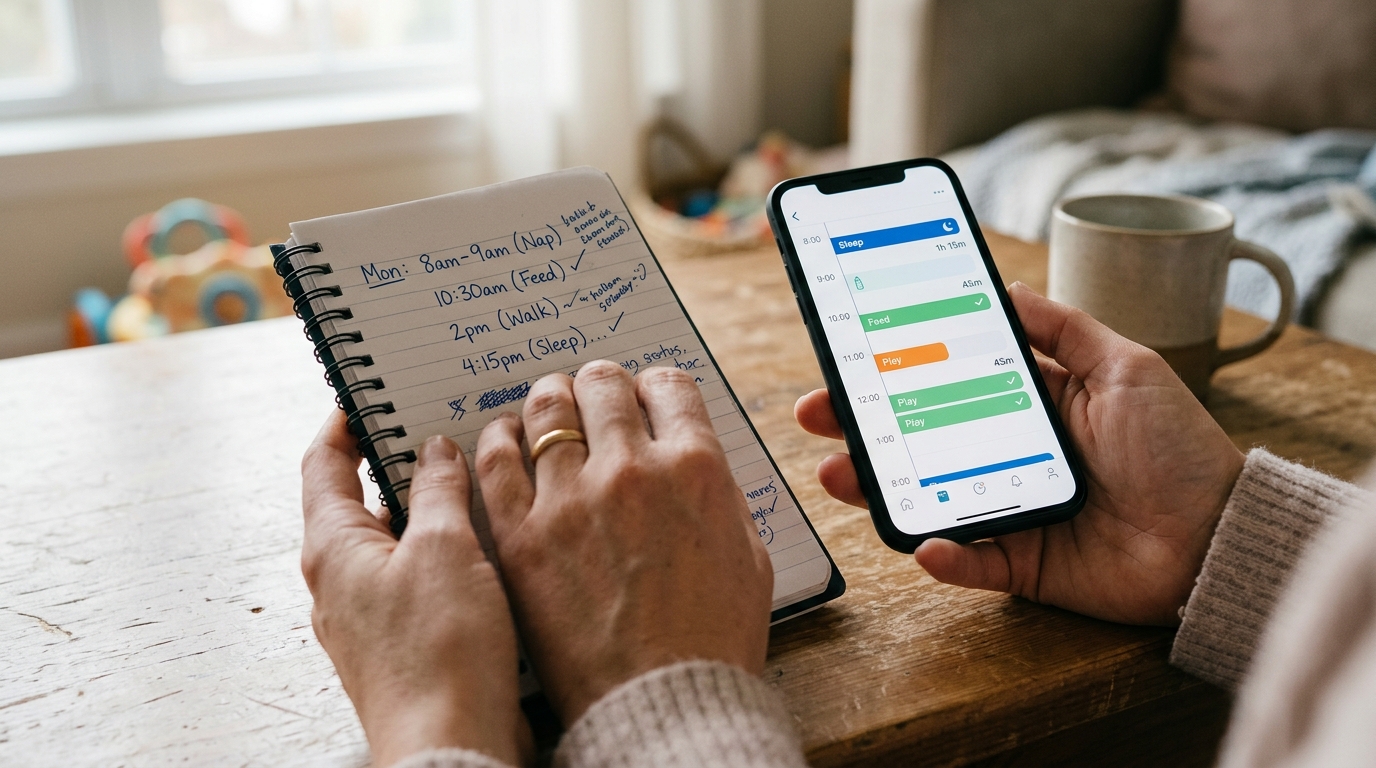 Et realistisk nærbillede af en forælder, der sammenligner håndskrevne noter med skærmen på en smartphone
