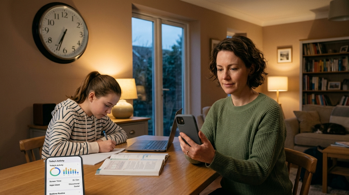Naturligt hjemmemiljø med en forælder, der gennemgår en enkel mobiloversigt over aktivitet, mens...