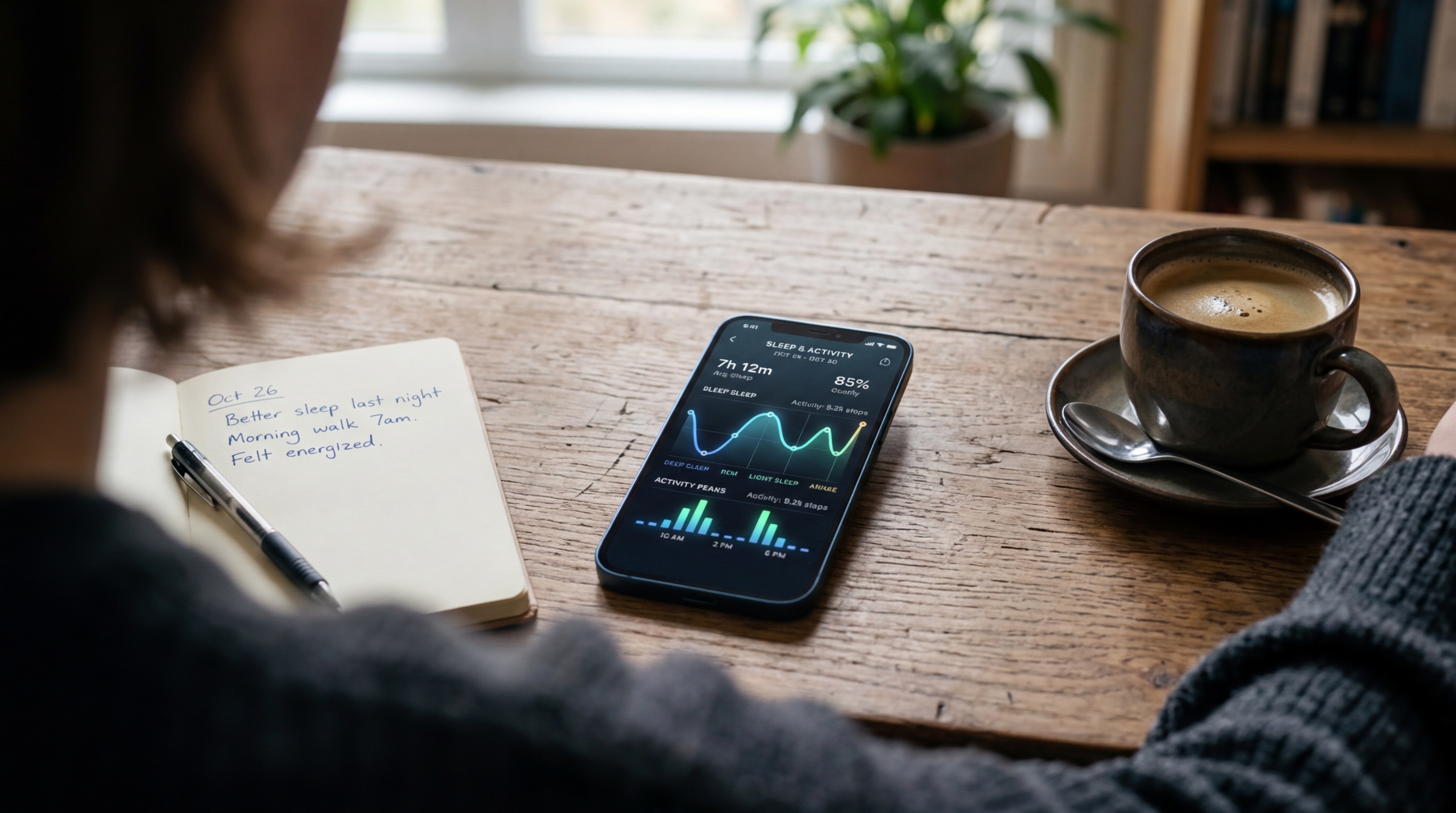 एक लकड़ी की मेज पर रखे आधुनिक स्मार्टफोन का क्लोज-अप शॉट