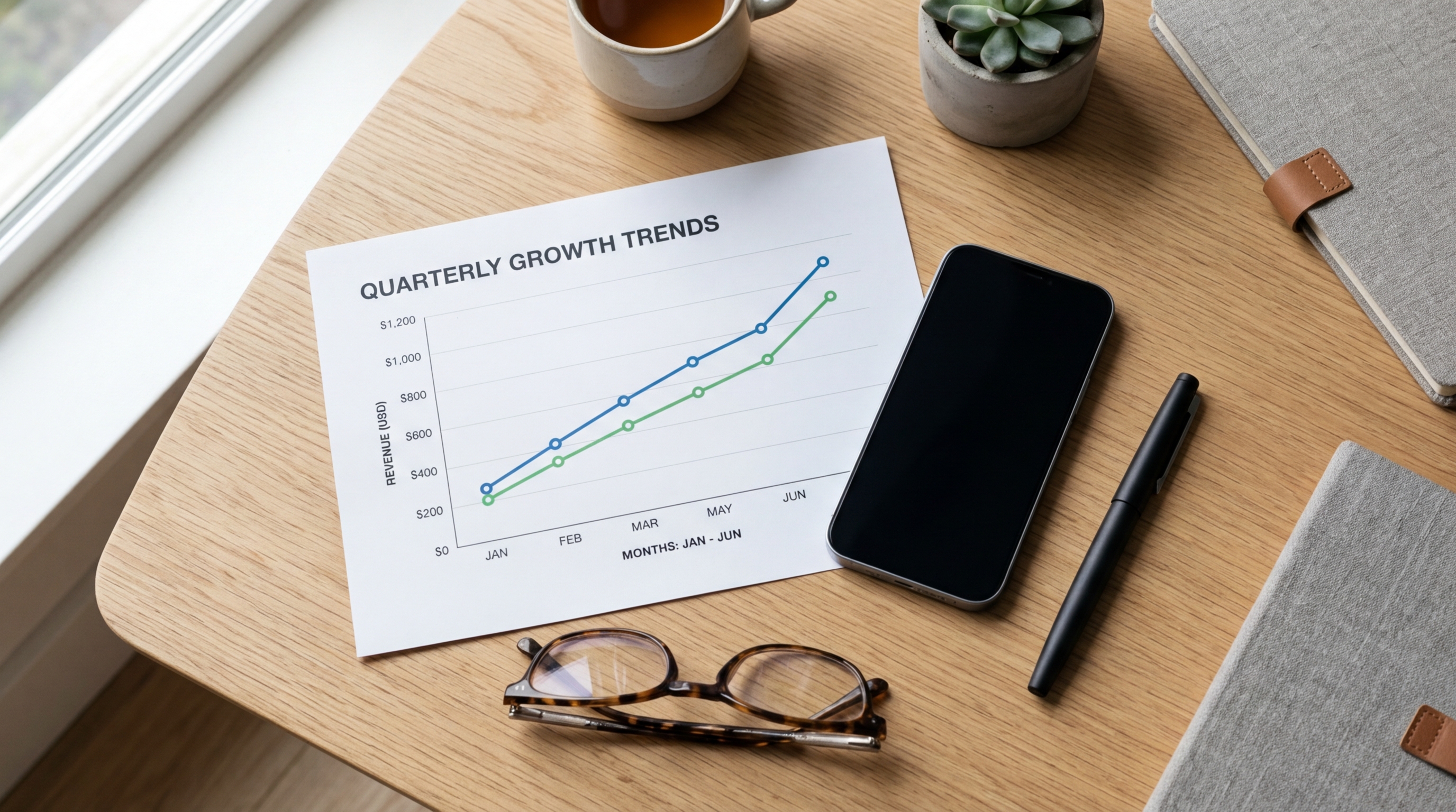 डेटा पैटर्न दिखाने वाले ग्राफ के साथ एक आधुनिक डेस्क का कलात्मक दृश्य