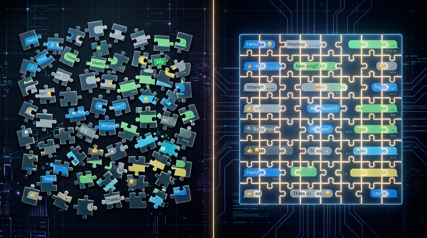 분할 화면 컨셉 이미지. 왼쪽에는 흩어진 디지털 채팅 버블 조각들이...