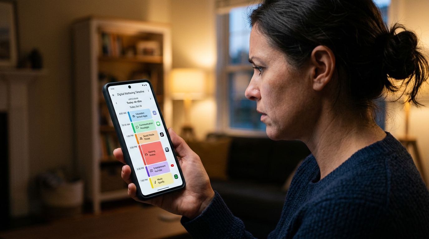 세련된 스마트폰 화면을 어깨 너머로 바라보고 있는 걱정스러운 표정의 부모...