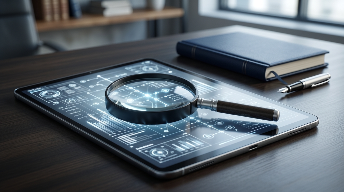 A conceptual workspace featuring a magnifying glass resting on top of a futuristic interface.