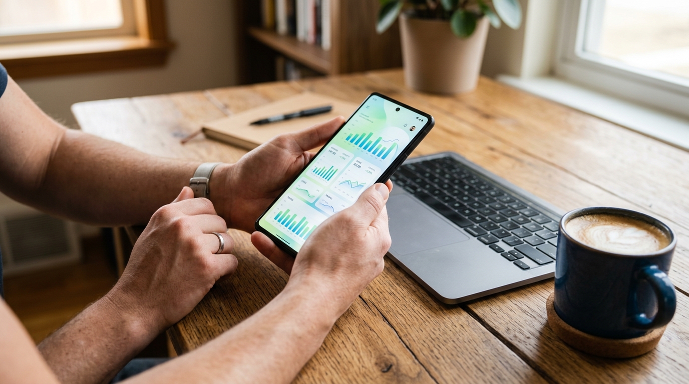 A close-up of a person's hands holding a modern smartphone over a wooden desk.