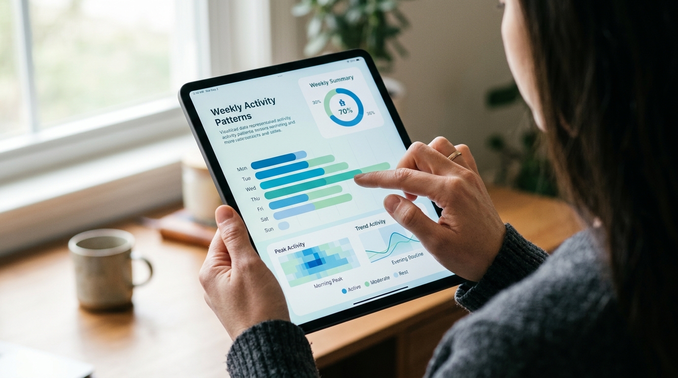 צילום תקריב מעבר לכתף של אדם הבוחן דוח נתונים ויזואלי בטאבלט.