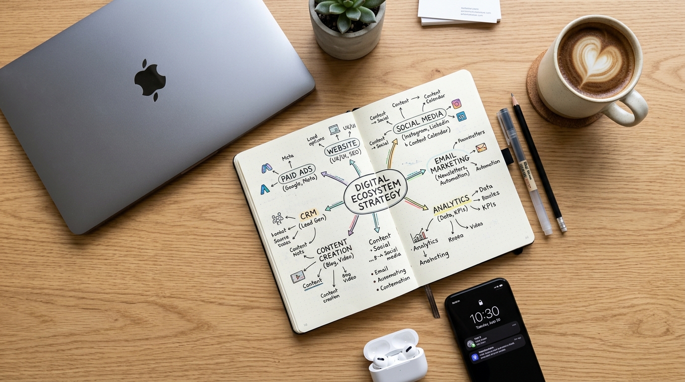 מבט מלמעלה על שולחן עץ מודרני המציג מערכת אקולוגית דיגיטלית מבוזרת.