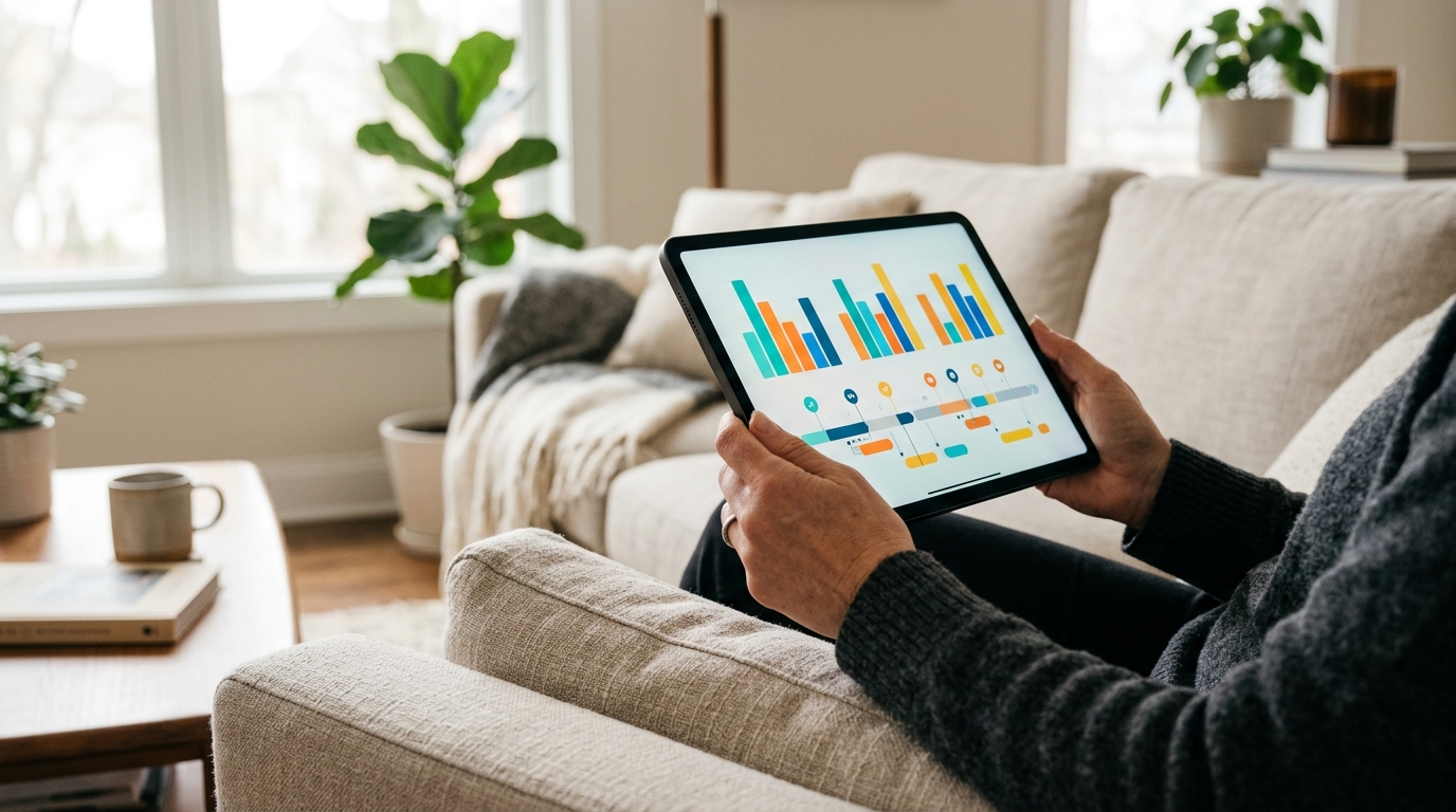 एक उच्च गुणवत्ता वाला संपादकीय शॉट जिसमें एक वयस्क के हाथों को घरेलू गतिविधि लॉग की निगरानी के लिए आधुनिक टैबलेट पकड़े हुए दिखाया गया है।