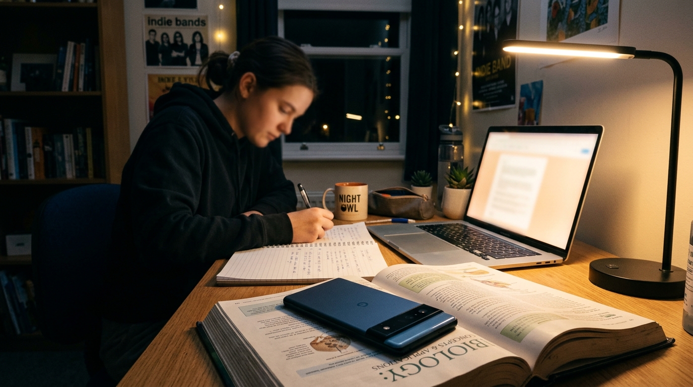 एक आधुनिक, अच्छी रोशनी वाली तस्वीर जिसमें रात के समय एक किशोर की डेस्क दिखाई दे रही है जो कंप्यूटर मॉनिटर से प्रकाशित है।