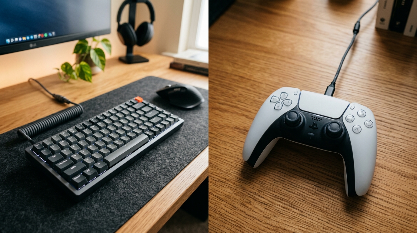 Une nature morte en perspective divisée sur un bureau en bois montrant un clavier d'ordinateur...