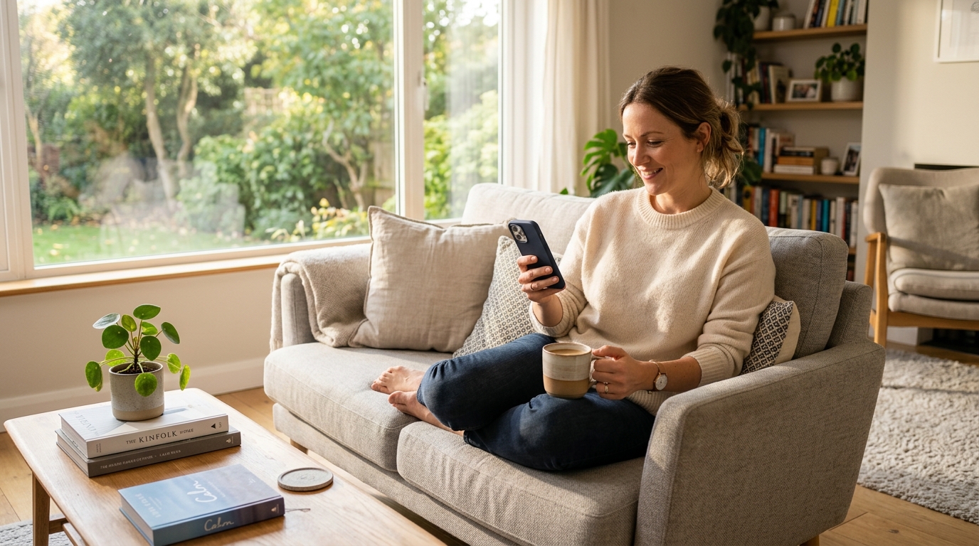 A relaxed parent sitting comfortably on a modern living room sofa during the day...