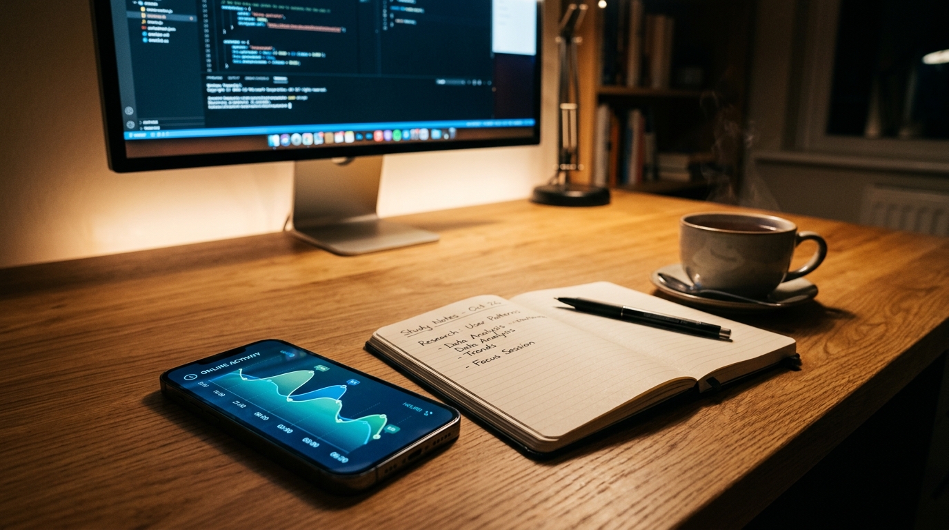 Et nærbillede af et moderne skrivebord i træ om natten, oplyst af det bløde skær fra en skærm...