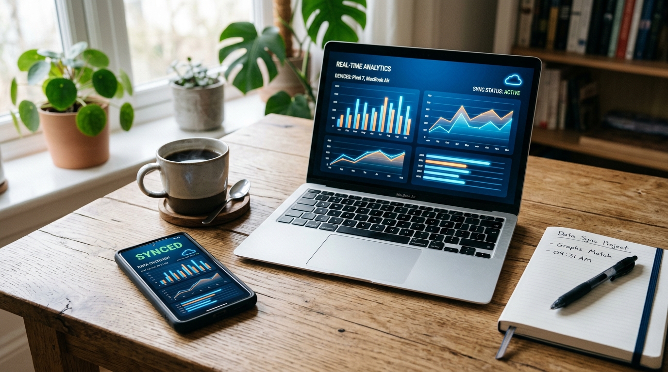 Un smartphone moderne posé sur un bureau en bois à côté d'un graphique de données lumineux...