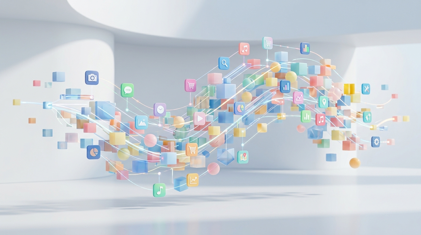 Un rendu 3D conceptuel montrant une architecture abstraite de blocs de données interconnectés...