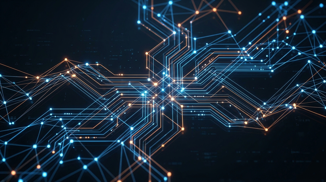नेटवर्क नोड्स और कनेक्टिंग लाइन्स का एक हाई-टेक एब्स्ट्रैक्ट रिप्रजेंटेशन