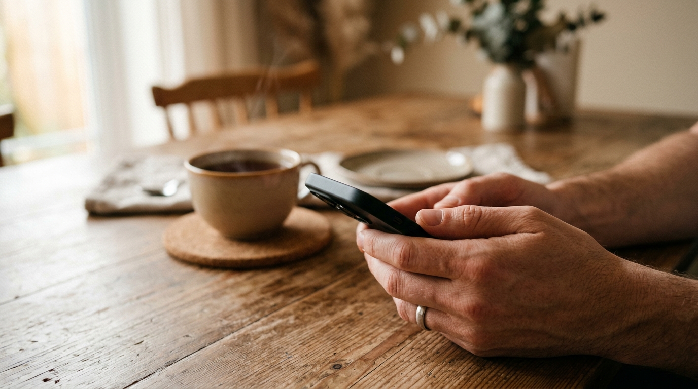 एक व्यक्ति की लकड़ी की मेज पर आधुनिक स्मार्टफोन पकड़े हुए हाथों का क्लोज-अप शॉट