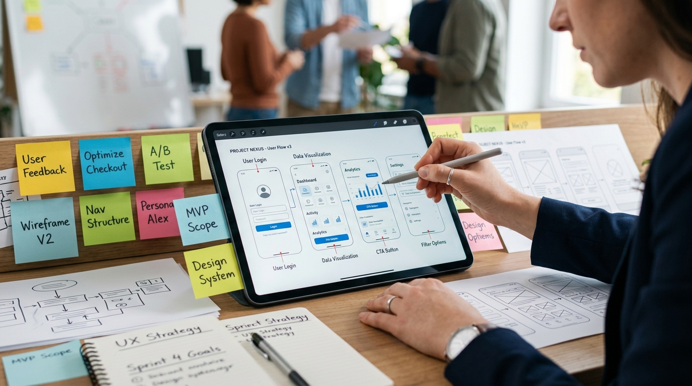 Nærbillede af en produktstrategs hænder, der gennemgår et elegant, moderne UI-wireframe på en tablet...