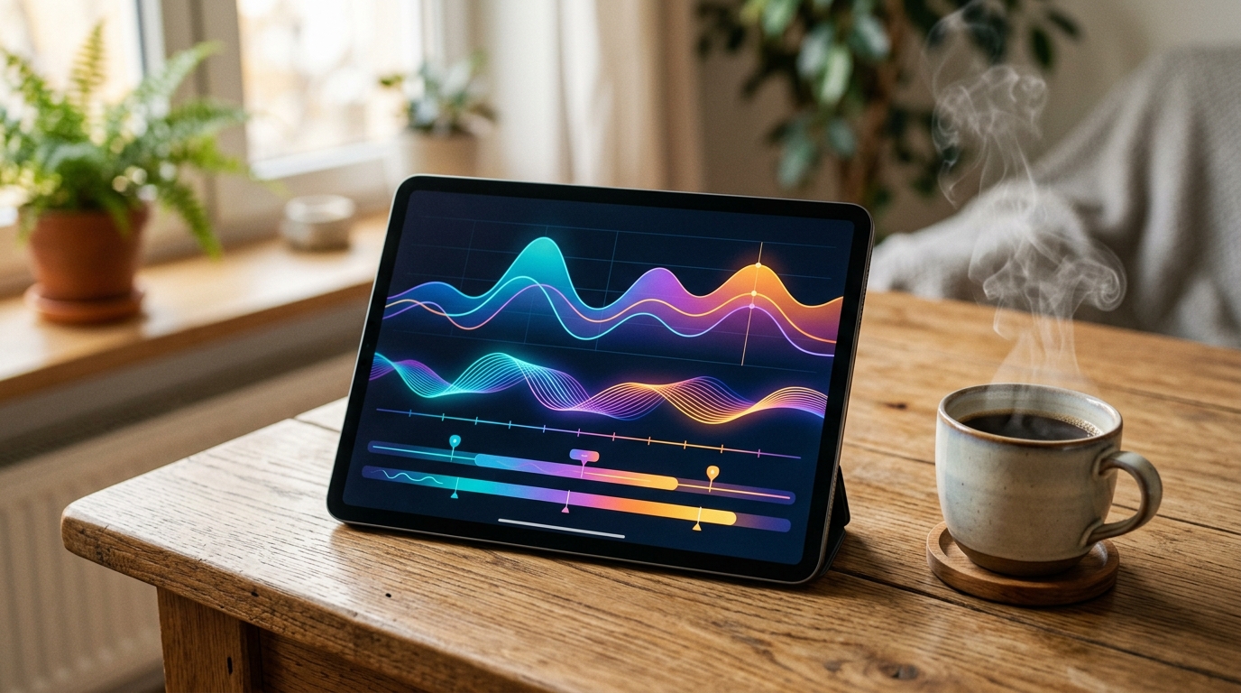Eine saubere, abstrakte Darstellung eines digitalen Dashboards auf einem Tablet...