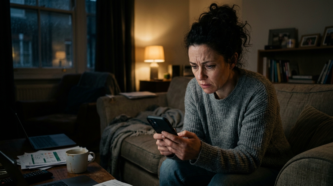 Ein gestresster Erwachsener sitzt nachts in einem schwach beleuchteten Wohnzimmer und starrt frustriert auf ein Smartphone...