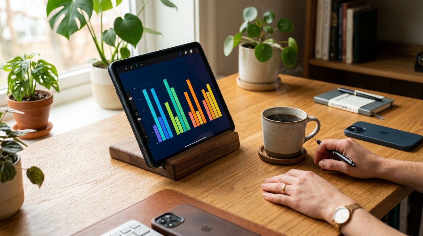 Et professionelt skrivebordsmiljø med en tablet på et træstativ, der viser rutinediagrammer.