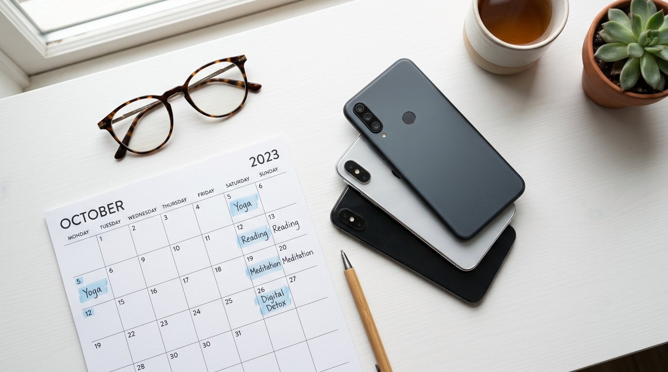 En konceptuel visning af digitale elementer og en kalender, der symboliserer orden og balance.