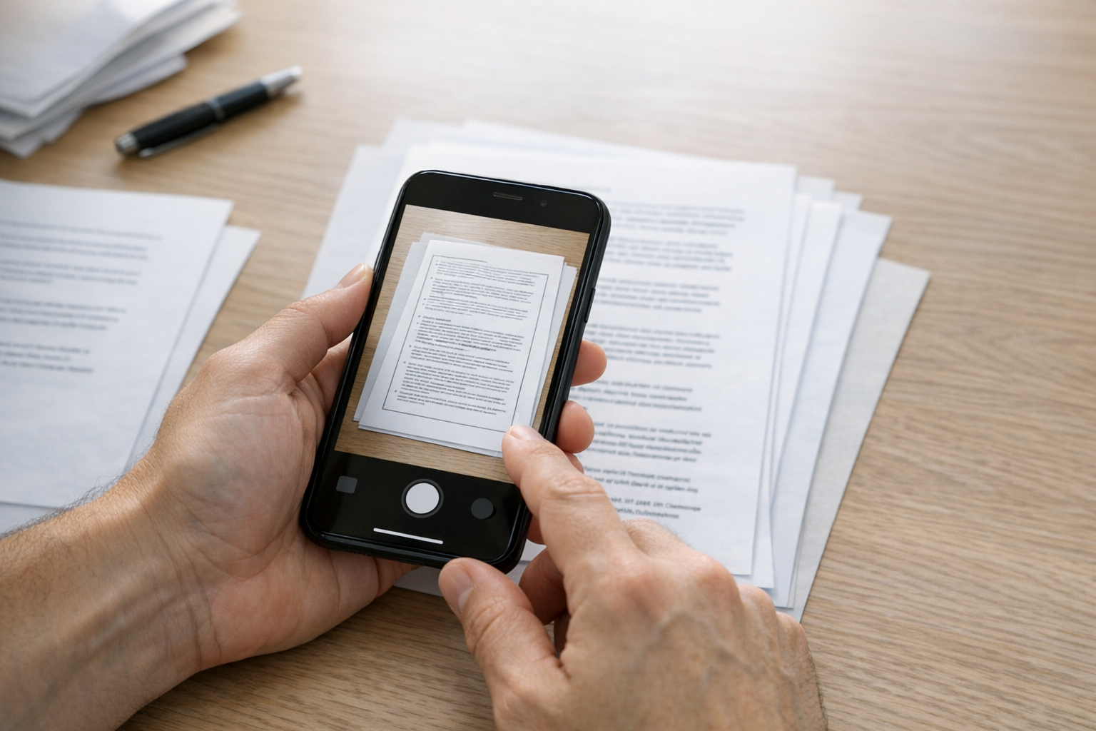 Close-up of hands using a smartphone camera to scan a multi-page document on a p...