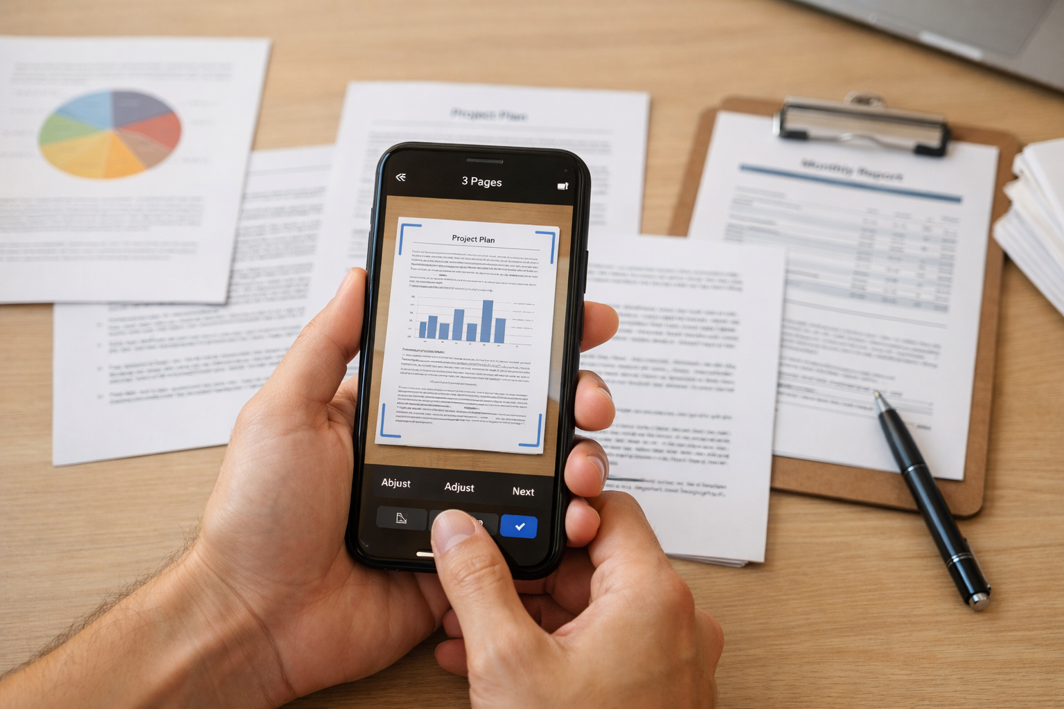 단색 테이블 위에 정돈된 여러 장의 문서를 놓고 손으로 스마트폰 카메라를 사용해 다중 페이지 문서를 스캔하는 클로즈업, 부드러운 자연광, 현실적...