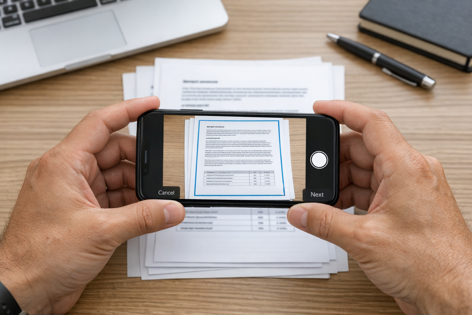 Close nas mãos usando a câmera de um smartphone para digitalizar um documento de...
