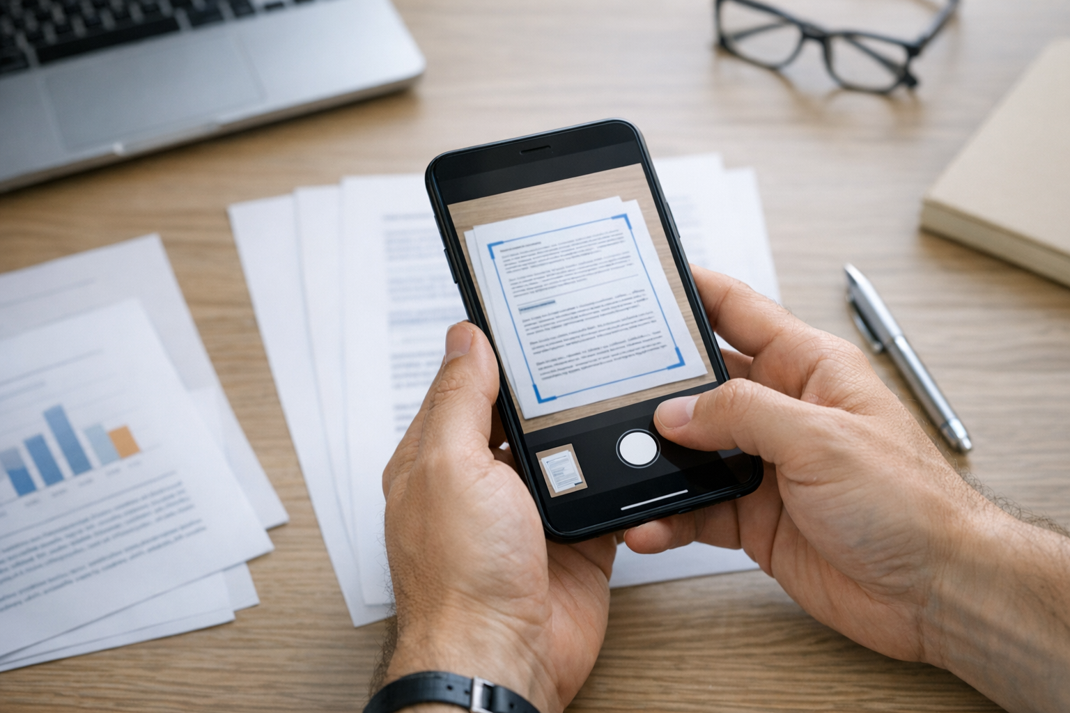 Primer plano de unas manos usando la cámara de un smartphone para escanear un do...
