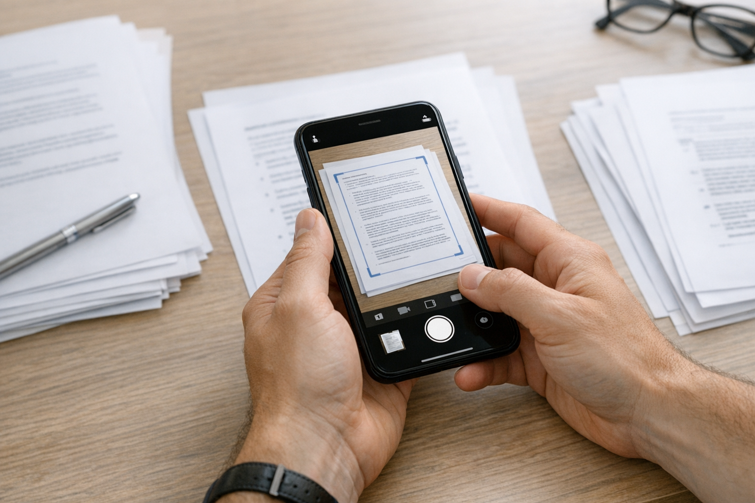Primo piano di mani che usano la fotocamera di uno smartphone per scansionare un...