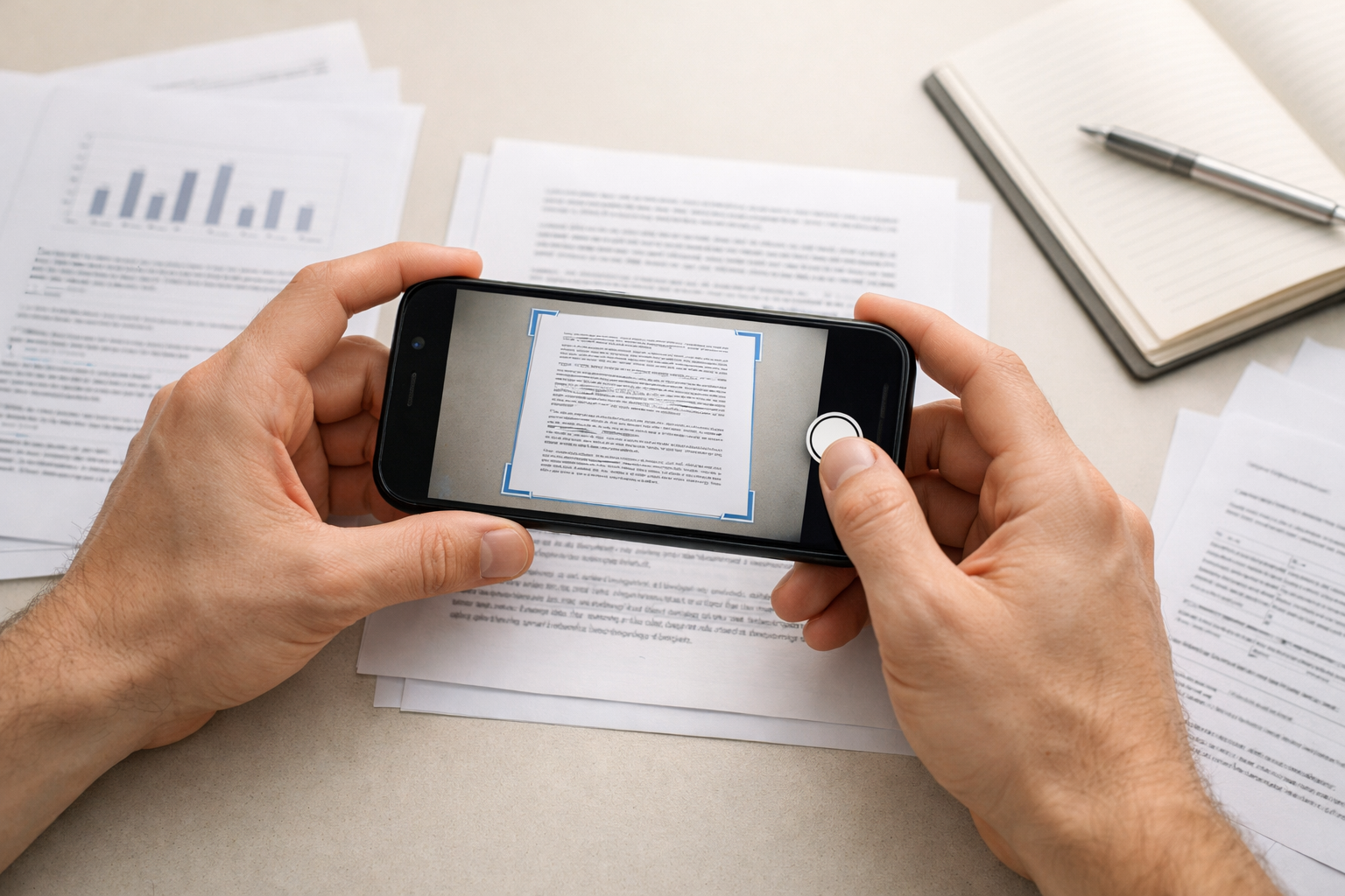 Крупный план рук, использующих камеру смартфона для сканирования многостраничног...