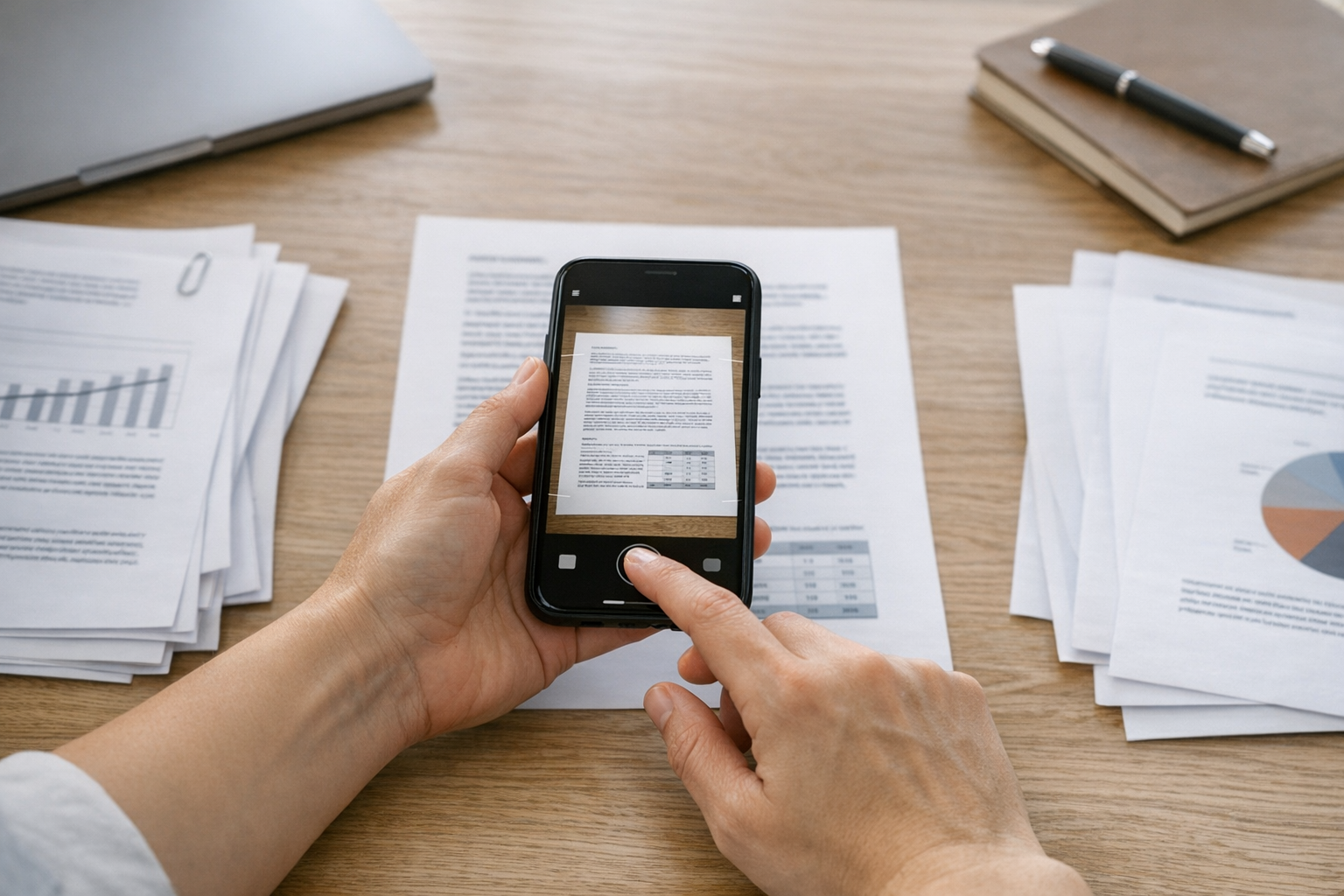 Gros plan sur des mains utilisant l’appareil photo d’un smartphone pour numérise...