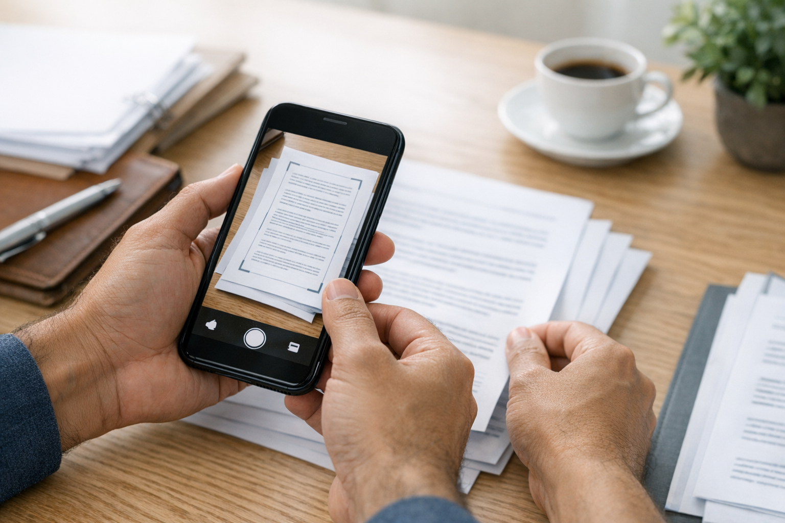 لقطة مقرّبة ليدين تستخدمان كاميرا هاتف ذكي لمسح مستند متعدد الصفحات على طاولة بس...