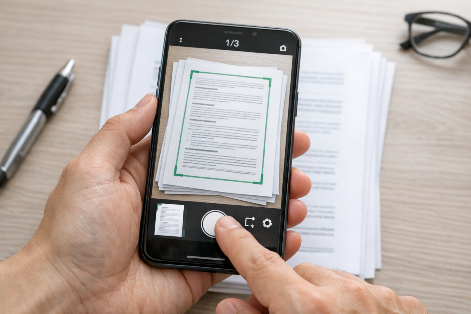 Close-up tangan menggunakan kamera smartphone untuk memindai dokumen multi-halam...