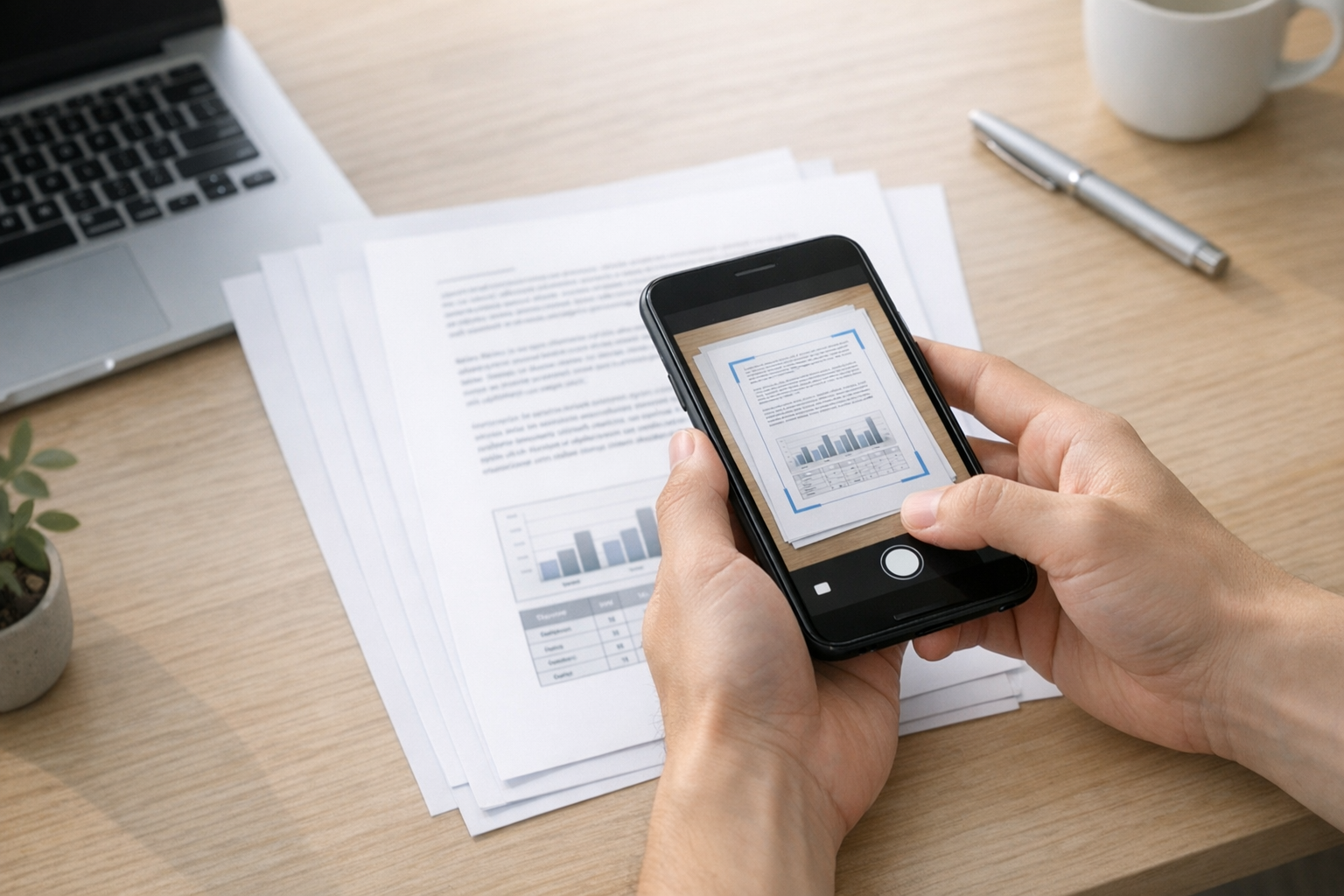 双手用智能手机摄像头在简洁桌面上扫描多页文件的特写，纸张摆放整齐，柔和自然光，真实的移动办公场景，重点突出文档采集与 PDF 工作流，无文字覆盖，无水印